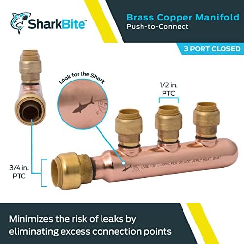 SharkBite 3/4 Inch x 1/2 Inch Outlet 3 Port Closed Multi-Port Tee, Push-to-Connect Brass Plumbing Fittings, PEX, Copper, CPVC, 25553LF