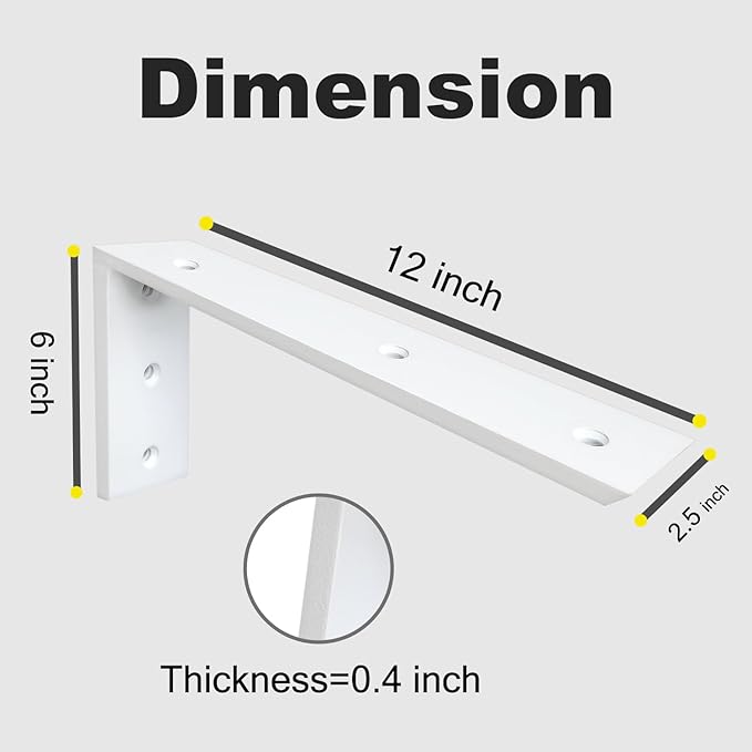 WINKER Countertop Support Bracket 3 Pack Heavy Duty 3/8" Thick Hidden L Shelf Bracket 12" x 6" x 2.5" Metal Corbels for Quartz/Granite/Wood/Concrete/Laminate Countertops, White