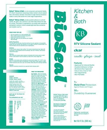 Clear BioSeal 100% Silicone Sealant Caulk Kitchen and Bath Grade, Waterproof and No Odor No Color Change 10.1 Ounce Cartridge, Clear