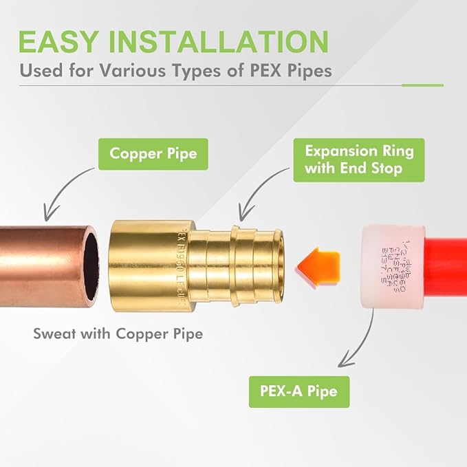 10 Pack Brass Expansion Female Sweat Adapter, 3/4" Pex A Expansion x 3/4" Sweat Brass Expansion Fitting ONLY Full Flow For Pex-A Tubing Connection, NSF/ANSI 61 NSF 372 Certificate