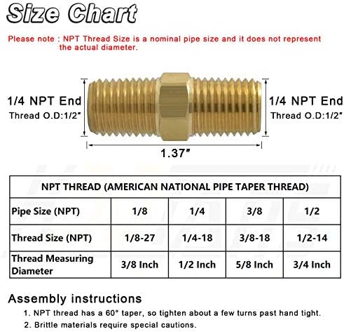 KOOTANS 1/4 NPT x 1/4 NPT Male Solid Brass Hex Nipples,4 PACK