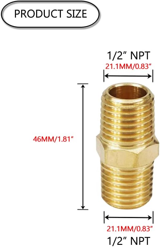 HQMPC Solid Brass Pipe Fitting Male Pipe, Hex Nipple Gas Connect Adapter Brass Union Coupler Adapter 1/2"NPT 6Pcs