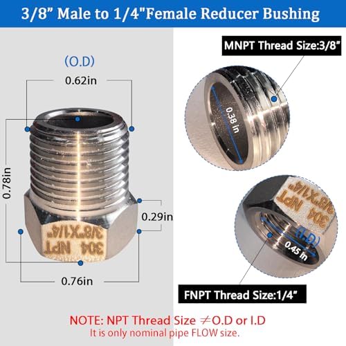 2 Pcs Stainless Steel Bushing 3/8" Male to 1/4" Female, 3/8" to 1/4" NPT Adapter Hex Stainless Steel Reducing Pipe Adapter Fitting Stainless Steel Fitting Pipe Hose Tube Adapter Convert