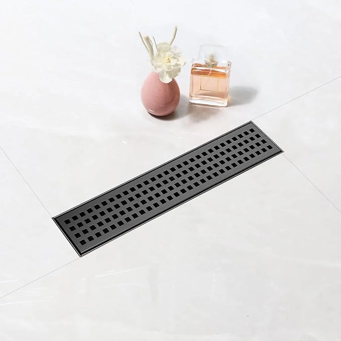 Linear Shower Drain, 12 inch Black Drain with Removable Grate Cover, Brushed 304 Stainless Steel Shower Floor Drain, Linear Drain with Hair Strainer and Adjustable Feet