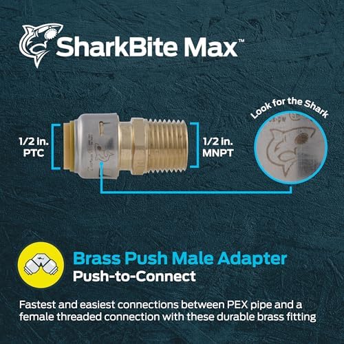 SharkBite Max 1/2 Inch MNPT Adapter, Push to Connect Brass Plumbing Fitting, PEX Pipe, Copper, CPVC, PE-RT, HDPE, UR120A