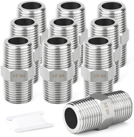 TAISHER 10PCS 304 SS New Hex Nipple,3/8" NPT Male, Pipe Adapter Fitting