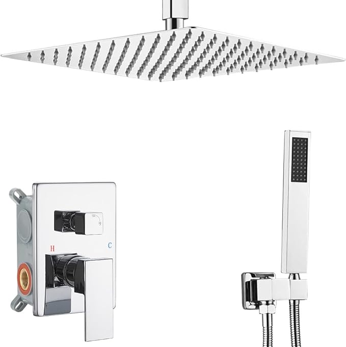 Polished Chrome Shower System Bathroom 16 Inch Rain Shower Head Ceiling Mount with Handheld Luxury High Pressure Shower Combo Set Shower Faucet Rough-in Valve Body and Trim Kit