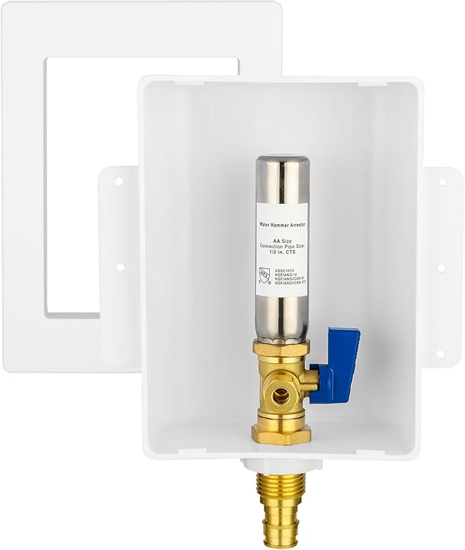 HeSun PEX-A Ice Maker Outlet Box,Inlet 1/2 Inch F1960 Expansion x Outlet 1/4 Inch OD Compression Connection,with Stainless Steel Water Hammer Arrestor