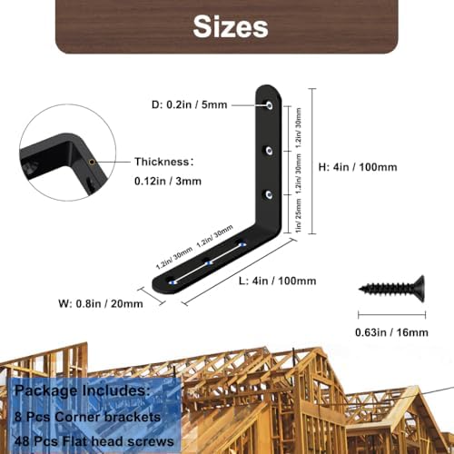 Black L Bracket 4 Inch Stainless Steel Corner Braces, 8 Pack 100x100mm 90 Degree Right Angle Joint Brackets for Wood Shelves Cabinets, with Screws