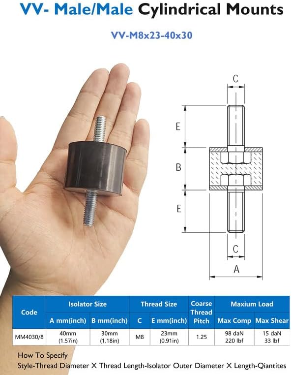 M8 Rubber Vibration Isolator Mounts Double Stud Shock Absorber Isolation Mounts Anti Vibration Silent-Blocks for Car Boat Bobbins Motors Compressors Pumps, 4pcs M8x23-40x30mm, 8pcs LockNuts