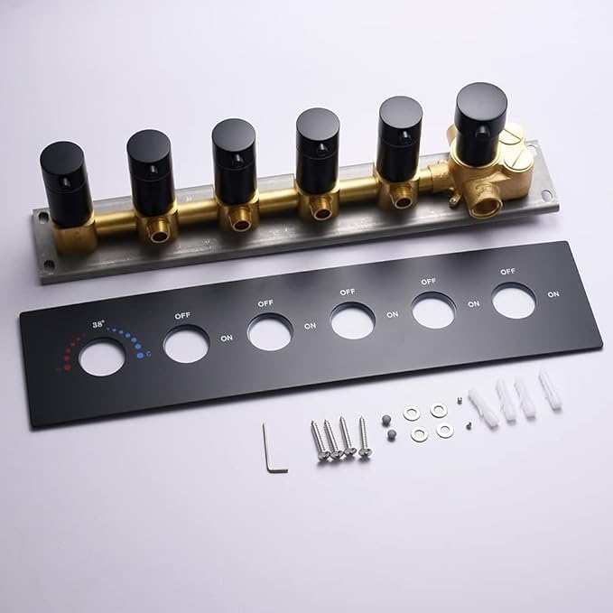 AYIVG 6 Outlet 5 Functions Brass Shower Diverter Thermostatic Valve Pressure Balanced Mixer with Trim Can Use All Function At a Time Flow Can Be Controlled Matte Black