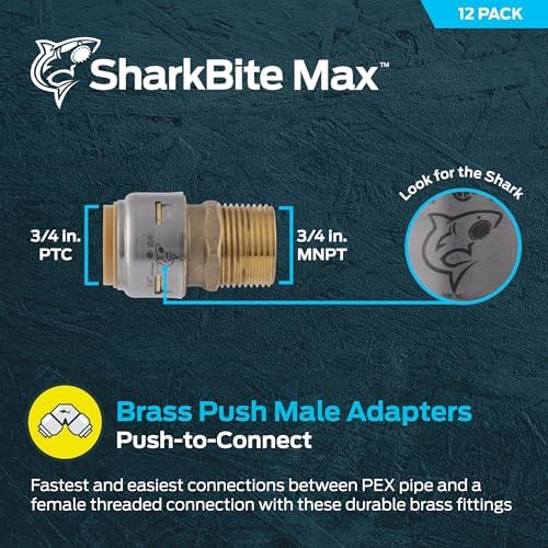 SharkBite Max Male Adapter, 3/4 in Push-to-Connect x 3/4 in MNPT, Pack of 12, Brass Plumbing Fitting, UR134