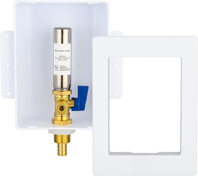 Ice Maker Outlet Box with Stainless Steel Water Hammer Arrestor,1/2 Inch Crimp PEX F1807 Inlet and 1/4 Inch OD Compression Outlet Connection, Icemaker Box with Installed 1/4-Turn Ball Valve