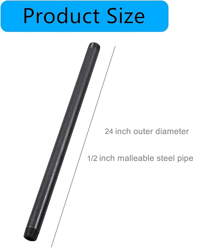1/2” x 24 ” Black Malleable Steel Nipples Fitting, 1/2 Inches Threaded Pipe Nipples, DIY Steampunk Industrial Vintage Style, 10 Pack.
