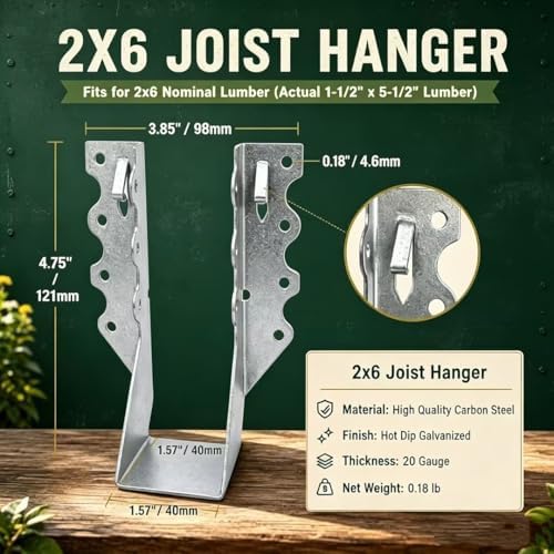 30 Pack 2x6 Joist Hanger, 20 Gauge LU26 Galvanizing Double Shear Face Mount Joist Hangers, Wood Hurricane Ties, Rafters Tie Fits Truss Connectors，Floor Deck and Ceiling Joists