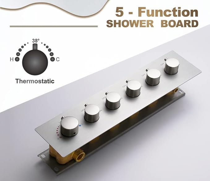 AYIVG 5 Functions Shower 6 Handles Valve Trim Kit Brass Shower Diverter Thermostatic Valve Pressure Balanced Mixer in Brushed Nickel Can Use All Function At a Time Flow Can Be Controlled