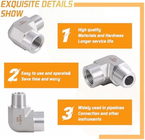 Stainless Steel Pipe Fitting 90 Degree Barstock Street Elbow 1/8" NPT Male x 1/8" NPT Female 2 Pack