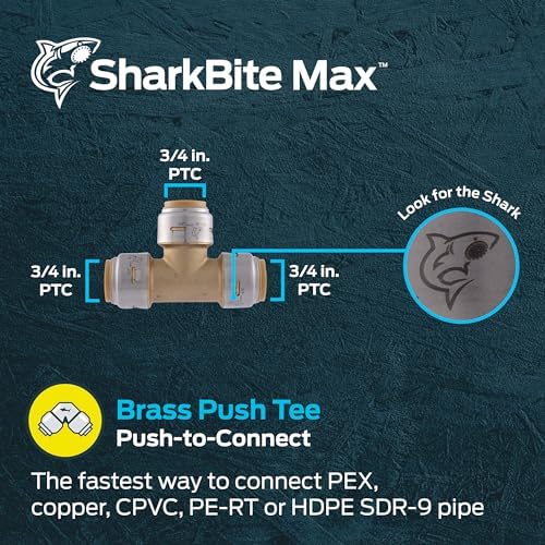 SharkBite Max 3/4 Inch Tee, Push to Connect Brass Plumbing Fitting, PEX Pipe, Copper, CPVC, PE-RT, HDPE, UR370A