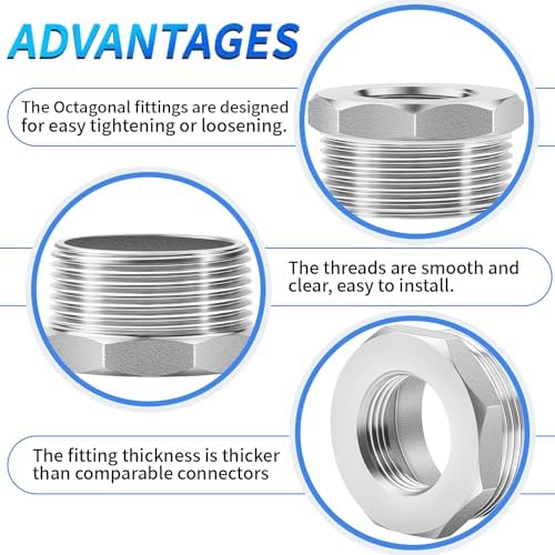 ChillWaves 304 Stainless Steel Pipe Fitting, Reducer Hex Bushing 1-1/4" NPT Male x 3/4" NPT Female Thread Adapter(3-PACK)