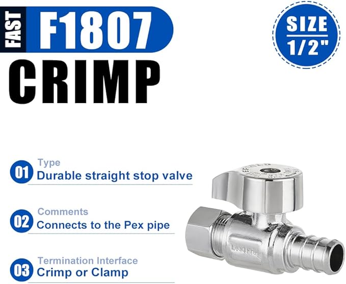 Pro 15-Pack EFIELD 1/4 Turn Straight Stop Valve 3/8" OD Compression x 1/2" Pex Crimp, Chrome Plated Brass, Heavy Duty,(VALVE377)