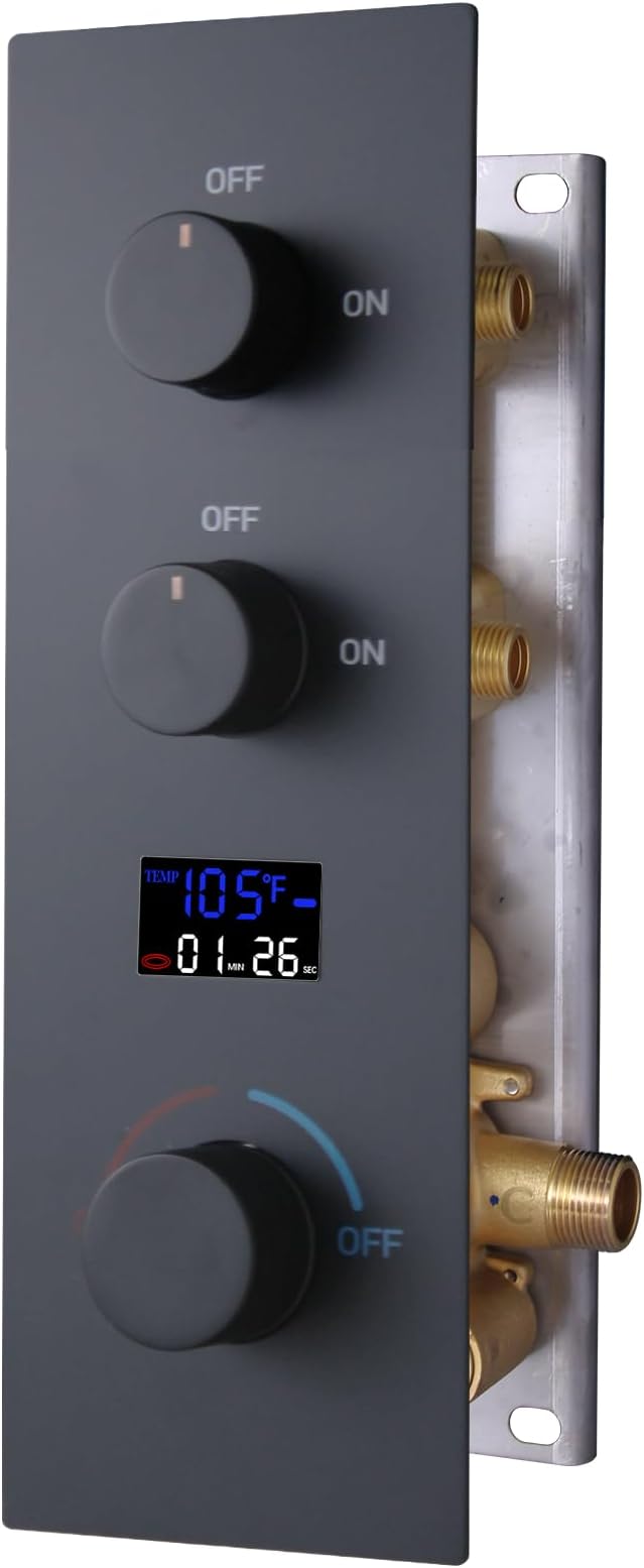 2 Function Shower Diverter with Temperature Display Solid Brass Shower Mixer Valve Pressure Balancing and Flow Control Bathroom Shower Diverter Valve，Matte Black
