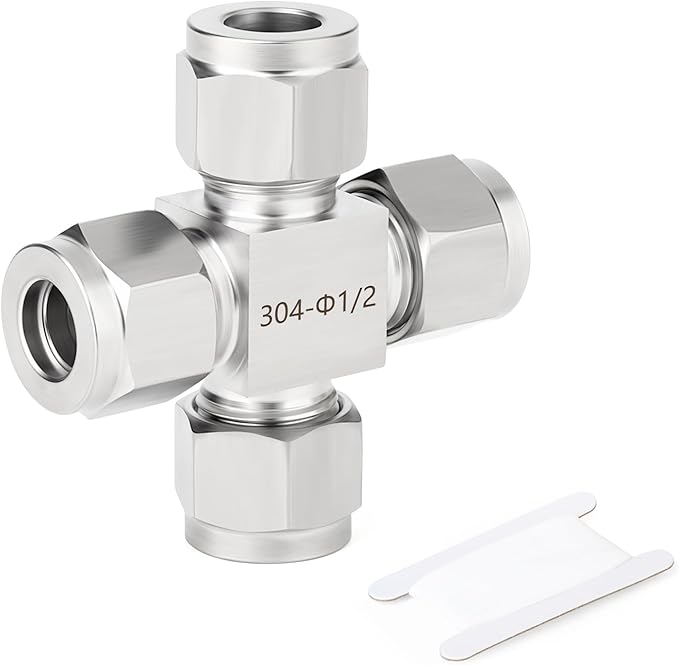 TAISHER 1PCS 304 Stainless Steel 4 Way Compression Tube Pipe Fitting Connector, 1/2" x 1/2" x 1/2" x 1/2" Tube OD Adapter