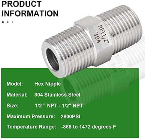 TAISHER 2PCS 304 Stainless Steel Hex Nipple, Pipe Fitting 1/2-Inch Male Pipe x 1/2-Inch Male Pipe
