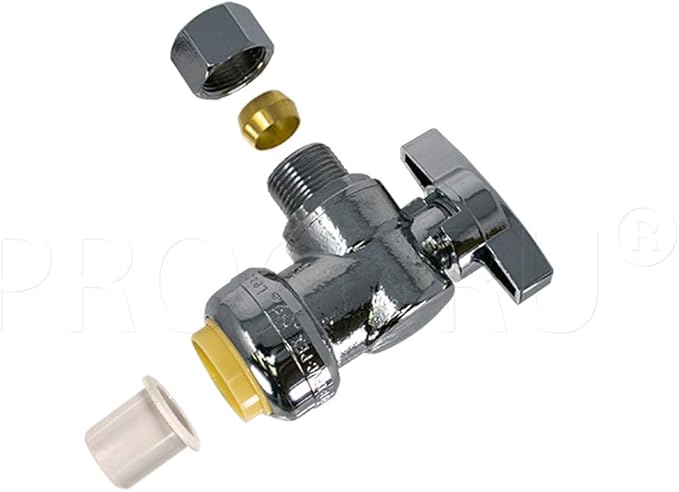 [10-Pack] PROCURU PushFit Angle Stop Valve 1/2" Push x 3/8" OD Comp, Quarter-Turn Push-to-Connect Brass Shutoff Valve for Copper, PEX, CPVC, PE-RT, HDPE Pipes, LF Certified Safe (8X8012-11T)