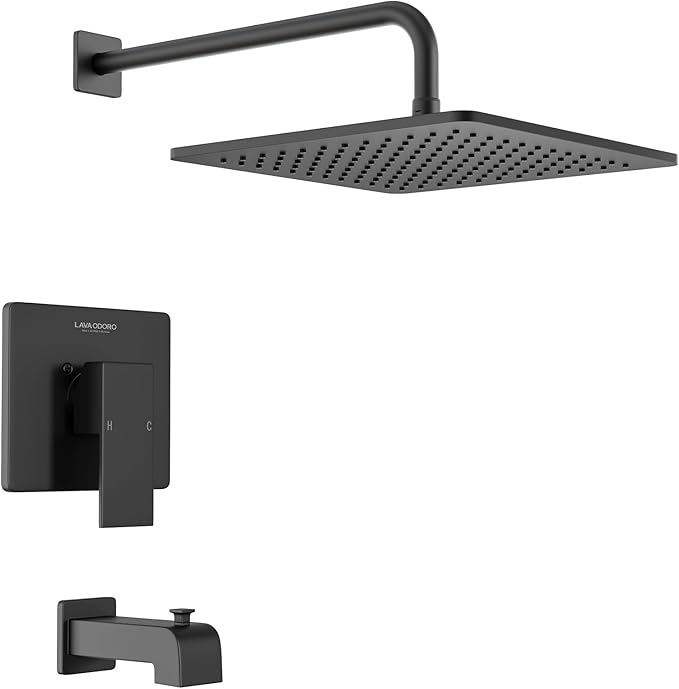 Lava Odoro 12-inch Square Bathtub and Shower Faucet Set Matte Black, Shower Trim Kit with Rough-in Valve High Pressure Black Rainfall Shower Head and Handle Set, (Valve Included), SF106-MB-T