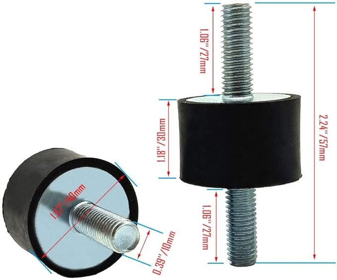 4 Pcs M10 40 x 30 mm Rubber Isolator Mounts Double Studs Shock Absorber with 8 Pcs Locknuts, Cylindrical Anti Vibration Isolation Damping Mounts for Compressor Pump Generator Motor Engine