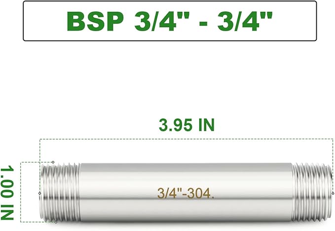 TAISHER 2PCS Stainless Steel Pipe Fittings, 3/4" BSP Male x 3/4" BSP Male Threaded, 4" Length Nipple Cast Pipe