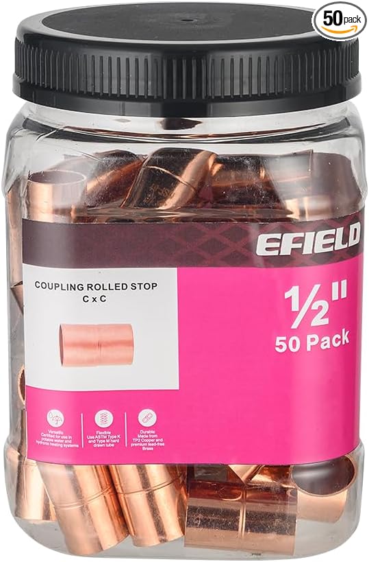 Pro 50 Pack EFIELD 1/2" X 1/2" Copper Coupling With Stop, LF Copper Plumbing Fittings with Sweat Solder Connection,(COPPER001)