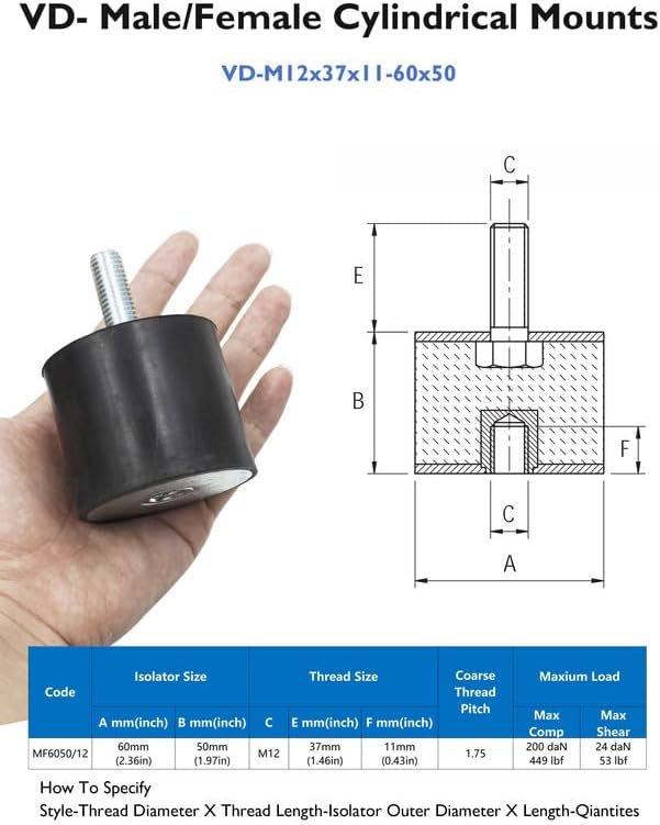 M12 Rubber Vibration Isolator Mounts Single Stud Shock Absorber Mechanical Vibration Damping Anti Vibration Silent-Blocks for Motors Compressors Pumps, 4pcs M12x37-60x50mm, 4pcs LockNuts