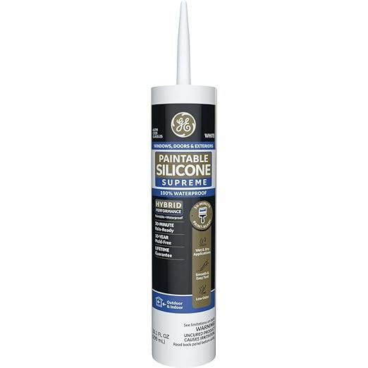 GE Supreme Paintable Silicone Caulk for Window & Door, White, 9.5 fl oz Cartridge, 1 Pack - 100% Waterproof Silicone Sealant, 7X Stronger Adhesion, Freeze & Sun Proof