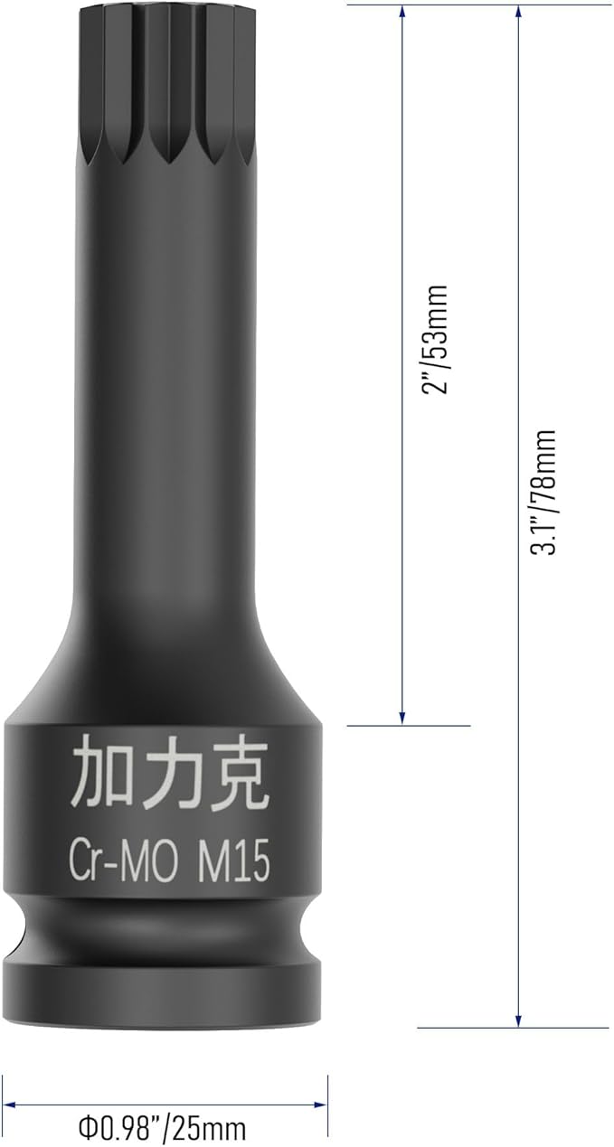 1/2-Inch Drive x M15(15mm） Impact XZN Triple Square Spline Bit Socket, Metric Lengthen Screwdriver Socket Adapter, 3-Inch Length, CR-MO Steel, One-Piece Construction, Black