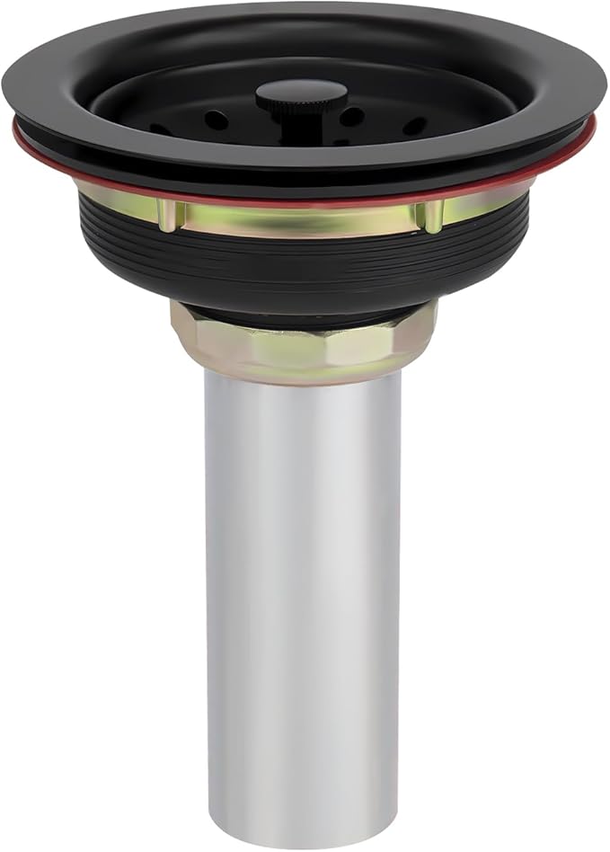 Uni-Green Matte Black Kitchen Sink Drain Kit for Standard 3-1/2 Inch Drain - Fit 1-1/2 inch Pipe - Stainless Steel Basket with Knob - Rubber Stopper Bottom - 3.5" Kitchen Sink Drain Replacement Kit