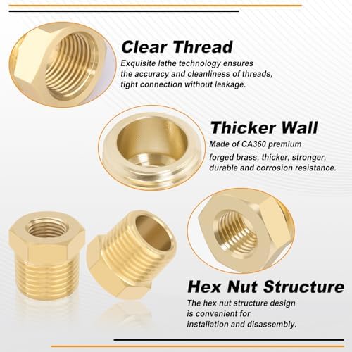 KOOTANS 4pcs 3/8 NPT Male x 1/8 NPT Female Brass Reducer Hex Bushing