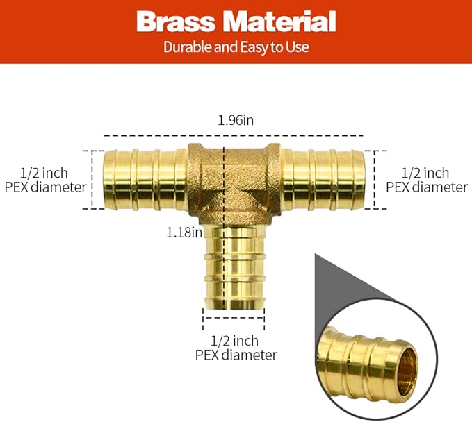 25 Pack 1/2" PEX Fittings, PEX Tee Fittings, Brass PEX Fittings for PEX Tubing Pipe