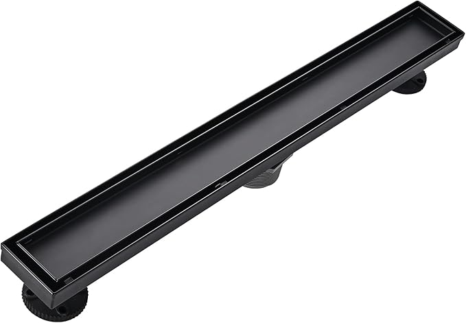 Linear Shower Floor Drain, Black 24 Inch 304 Stainless Steel Bathroom Drains Kit, Rectangular Shower Trench Drain with Reversable Tile-in Pattern Drain Cover & Hair Catcher