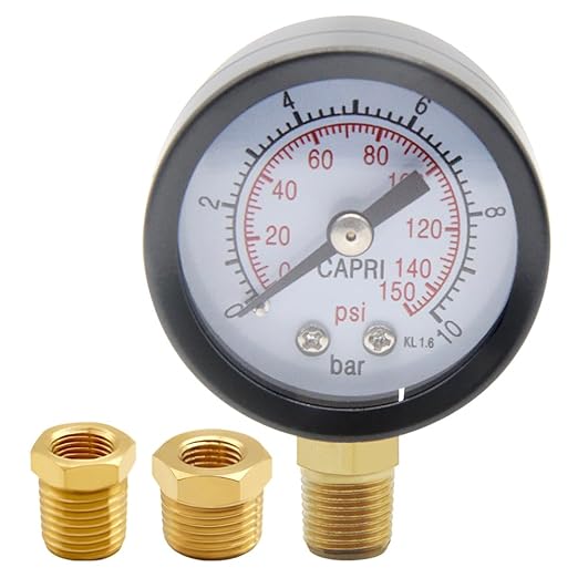 Pressure Gauge 0-150PSI 1/8" NPT Male Brass Bottom Mount 1-1/2" Dial Stainless Steel Case Include 1/2" NPT and 3/8" NPT Bushing Connector Universal Multifunctional