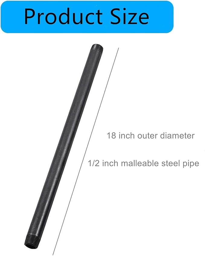 1/2” x 18 ” Black Malleable Steel Nipples Fitting, 1/2 Inches Threaded Pipe Nipples, DIY Steampunk Industrial Vintage Style, 10 Pack.