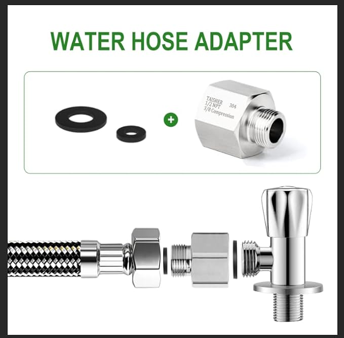 TAISHER 2PCS 304 Stainless Steel Water Hose Adapter 1/2" NPT × 3/8" Compression Pipe Fitting for kitchen bathroom faucet supply line adapter with rubber gasket