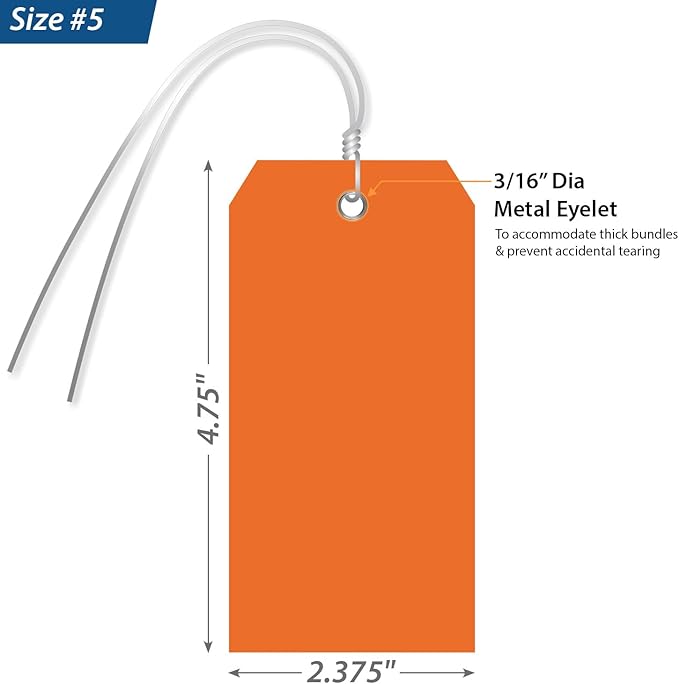 SmartSign Orange Plastic Tags with Pre-Attached Wires - 100-Pack, 4.75" x 2.375", Size#5, 10 mil Thick Tear-Proof Polylith Plastic Tags with Metal Eyelet, Writable Blank Tags for Shipping, Labeling