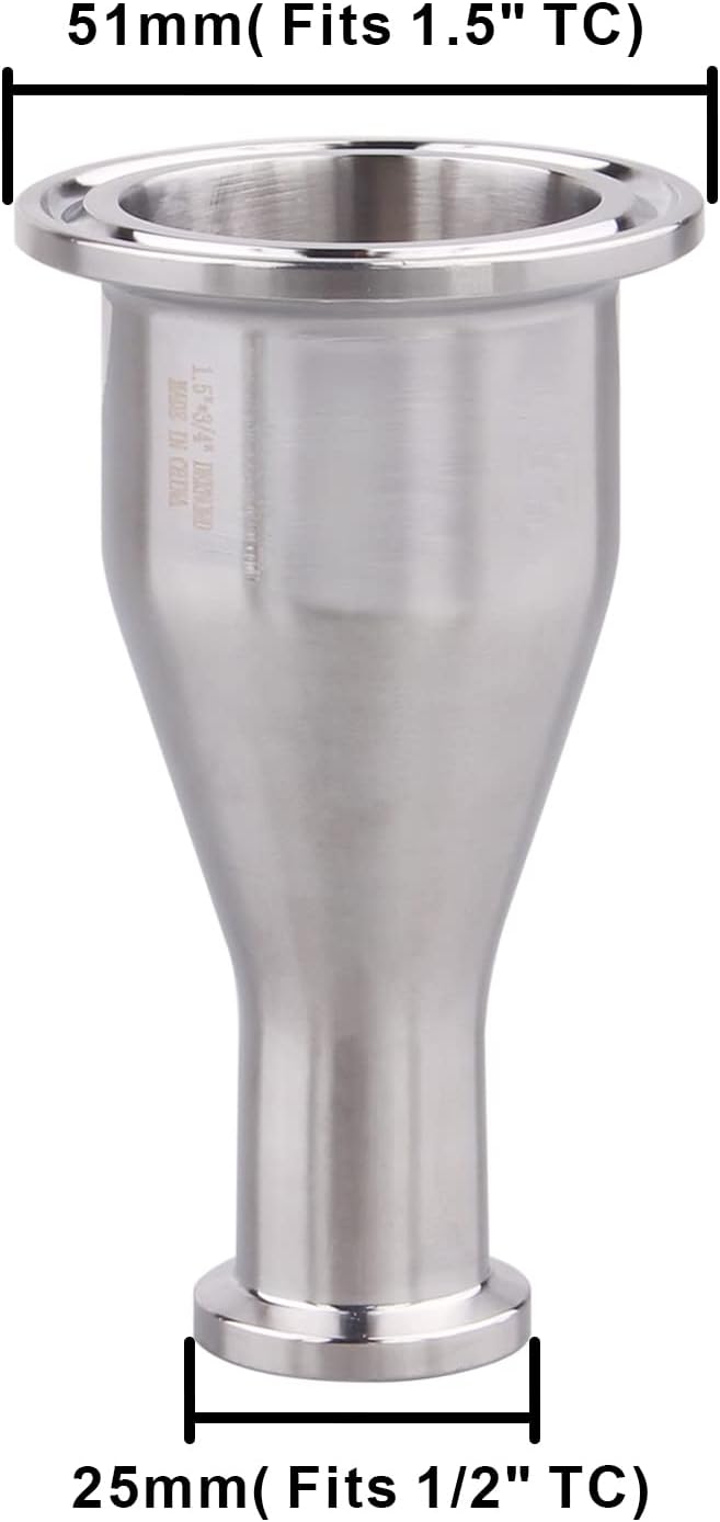 DERNORD Sanitary Fitting Reducer Fitting SUS304 Tri Clamp Ferrule Style 1.5" Tube OD to 3/4" Tube OD