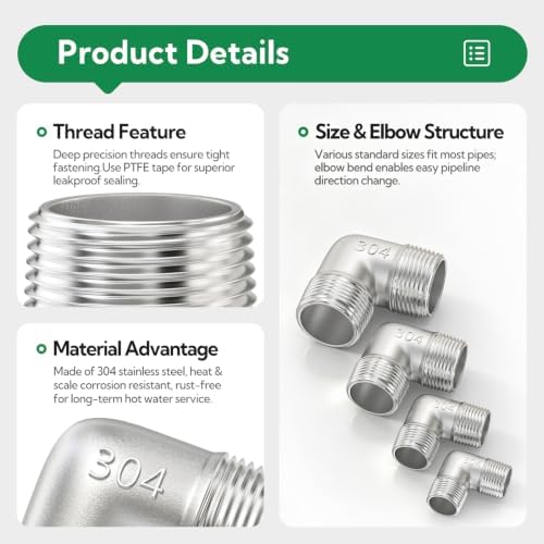 TAISHER 2PCS 304 Stainless Steel 90 Degree elbow,1/2" NPT Male × 1/2" NPT Male Thread Pipe Fitting