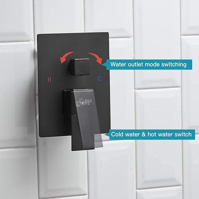 BWE 10 Inch Black Shower System Faucet Waterfall Tub Complete with Matte Spout Set Square Luxury Rain Mixer Pressure Balancing 3-Function Wall Mount Rainfall Rough-in Valve Body and Trim Included