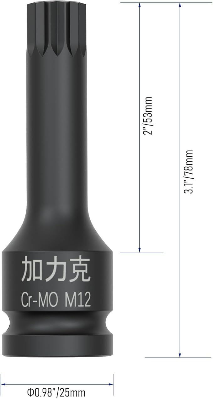 1/2-Inch Drive x M12(12mm） Impact XZN Triple Square Spline Bit Socket, Metric Lengthen Screwdriver Socket Adapter, 3-Inch Length, CR-MO Steel, One-Piece Construction, Black