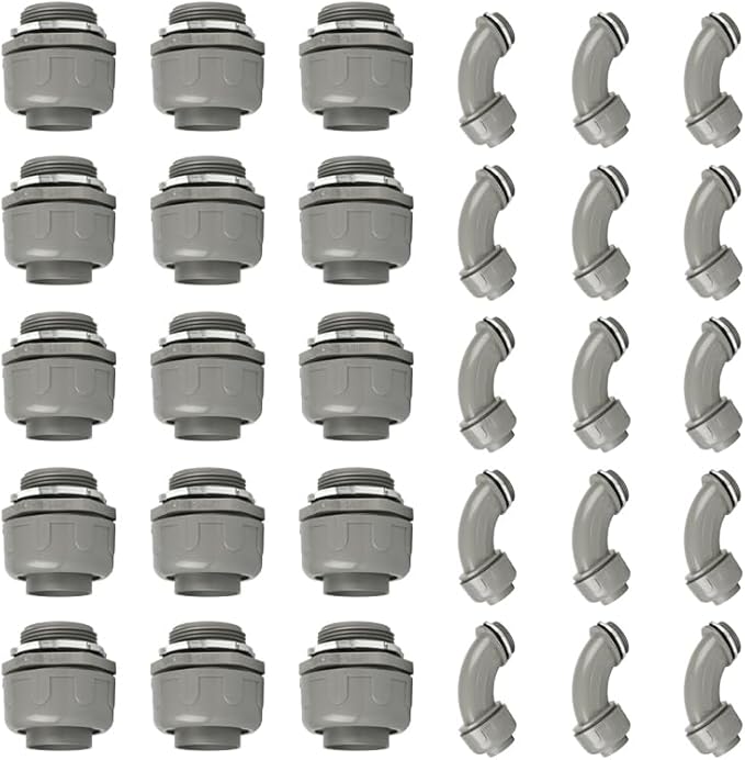 Conduit Connectors, 1-1/4 Inch Liquid Tight Connector NPT Non-Metallic for PVC Electrical Flexible Conduit Fittings, 15 Straight and 15 Angle 90 Degree, UL Listed, Grey (30-Pack)