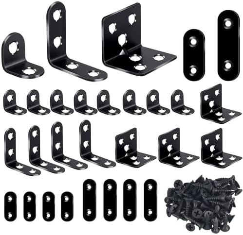 24PCS Stainless Steel L Brackets, Heavy Duty Corner Braces for Wood Furniture & Shelves, 5-Size Black Metal Angle Brackets with Screws(0.79/1.2/1.4/1.57/1.97inch)