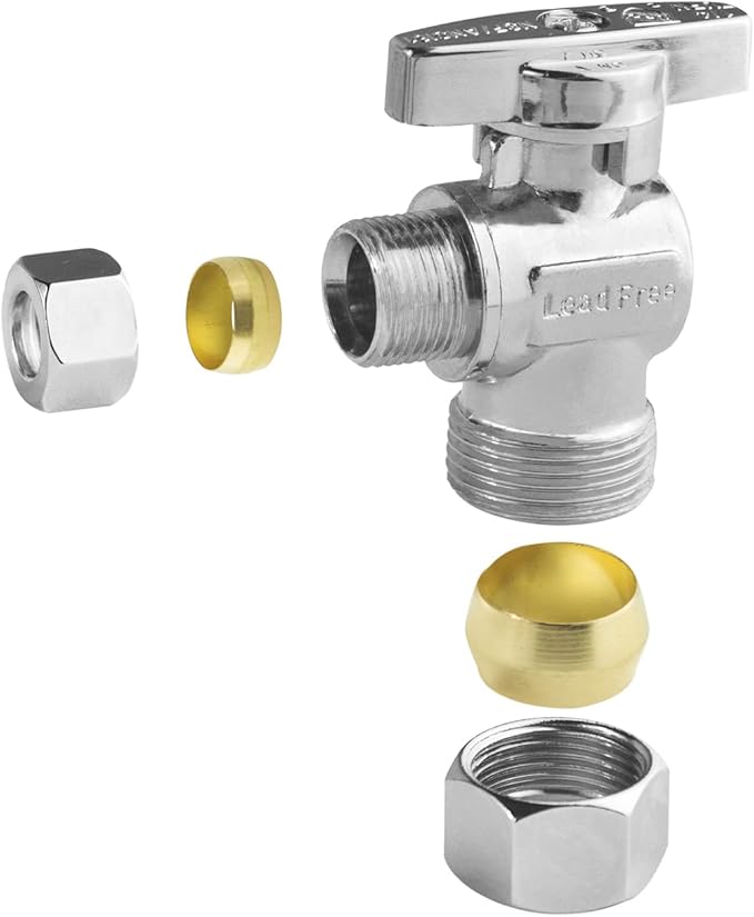 WiseWater Angle Stop Valve 1/2" Nominal (5/8" OD) x 3/8" Compression, 1/4 Turn Toilet Shut Off Reinforced Chrome Plated Brass Fittings for Bathroom, Toilet, Kitchen (5-Pack)